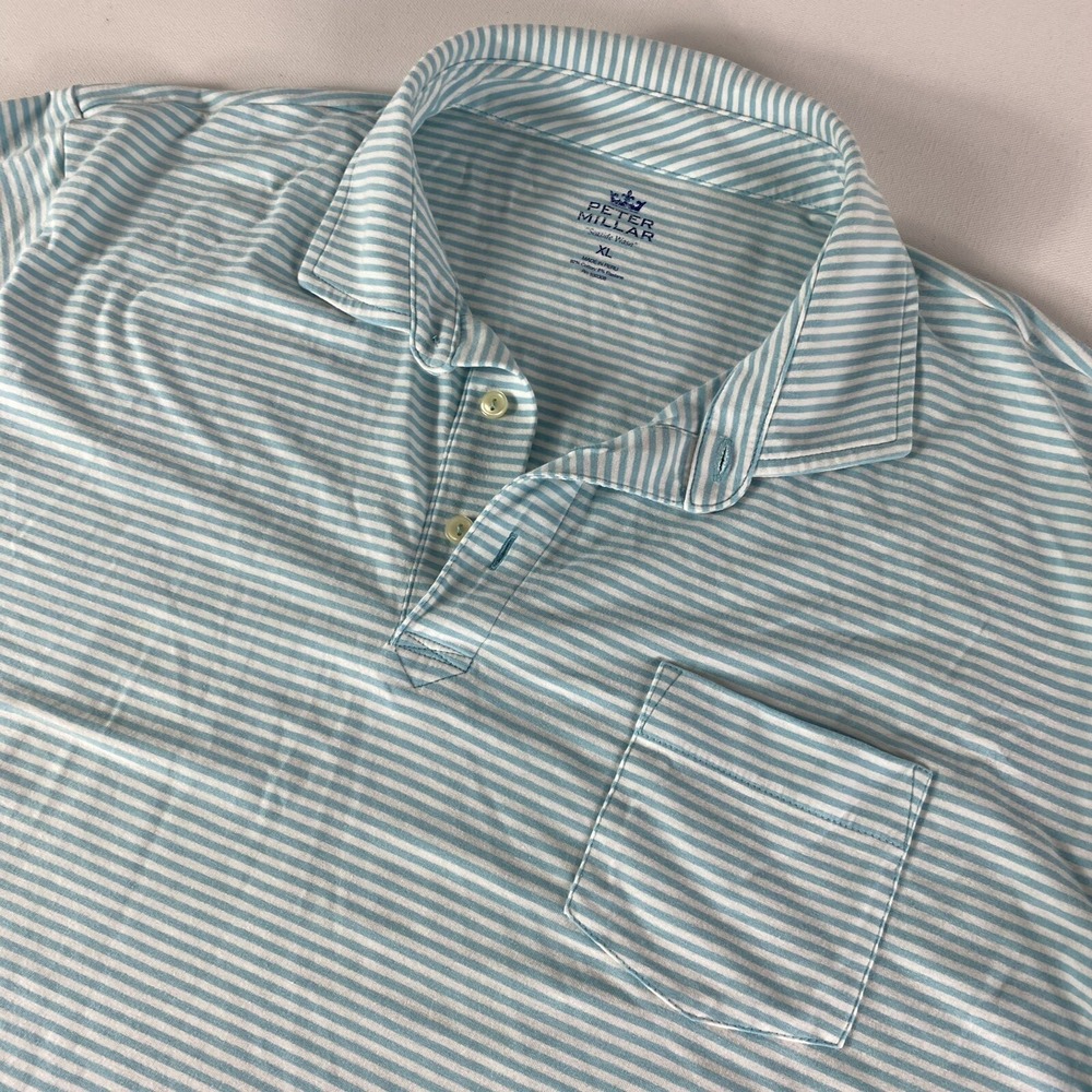 Peter Millar Polo Shirt Mens XL Seaside Wash Blue Striped Cotton Stretch